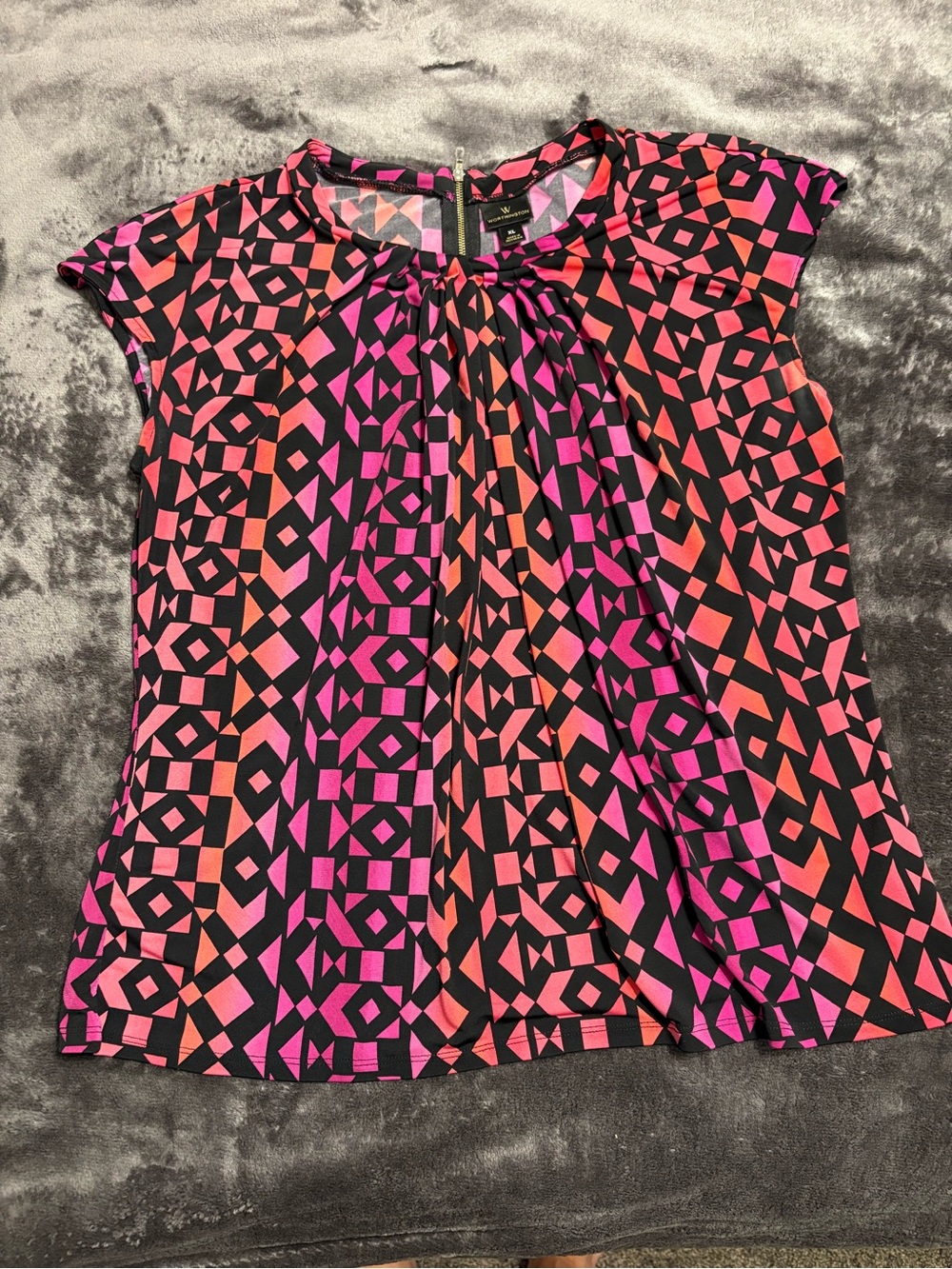 Anne Klein Black Geometric Blouse with Pink and Coral Accents